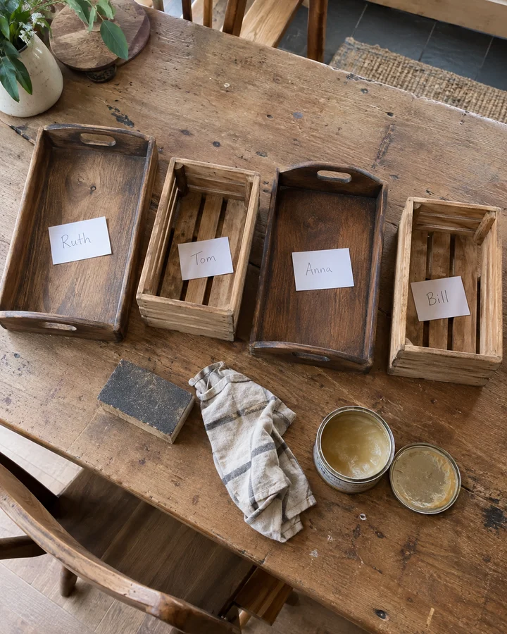 Handmade wooden trays and crates with name notes on a kitchen table, seen from above
